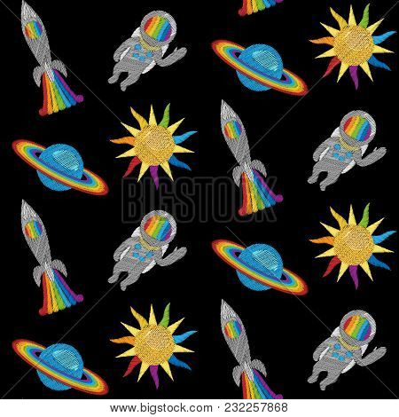 Space Embroidery Seamless Pattern On Blacj Background. Cosmic Fashion Needlwork Repeat Wallpaper Wit