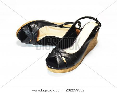 Pair Of Elegant Woman Black High-heel Shoes, Slingback Shoes, Chunky Heel Shoes, Isolated On White B