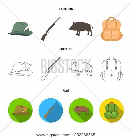 A Hunting Hat With A Feather, A Wild Boar, A Rifle, A Backpack With Things..hunting Set Collection I