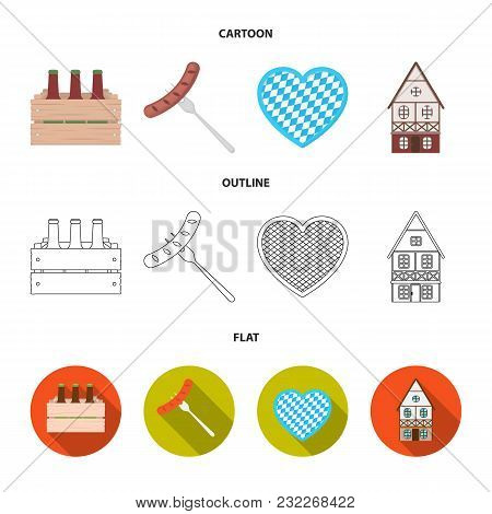 Box With Beer, Fried Sausage, Heart Of The Festival, Bavarian Cottage. Oktoberfest Set Collection Ic