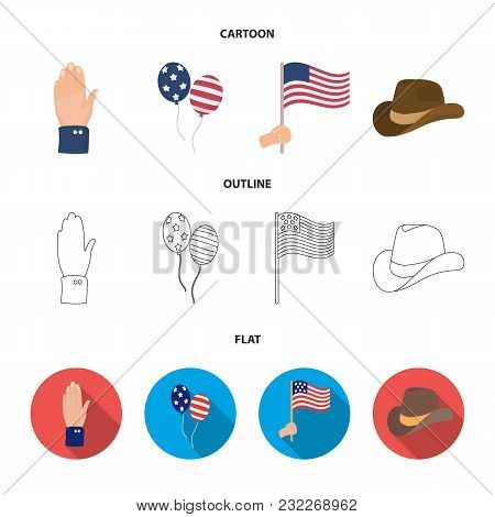 Balloons, National Flag, Cowboy Hat, Palm Hand.patriot Day Set Collection Icons In Cartoon, Outline,