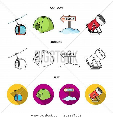 Funicular, Tent, Road Sign, Snow Cannon. Ski Resort Set Collection Icons In Cartoon, Outline, Flat S