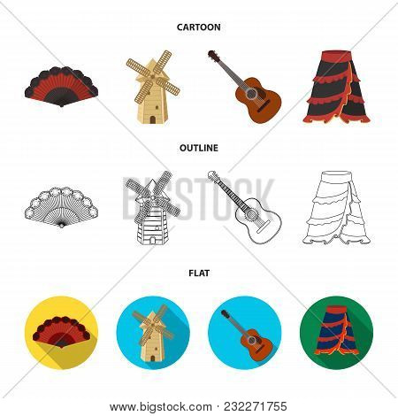 Fan Spanish, Mill, Guitar, Skirt For National Spanish Dances. Spain Country Set Collection Icons In 