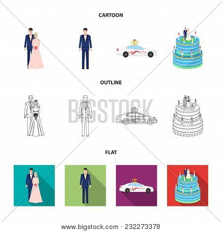 Wedding And Attributes Cartoon , Flat, Outline, Black Icons In Set Collection For Design.newlyweds A