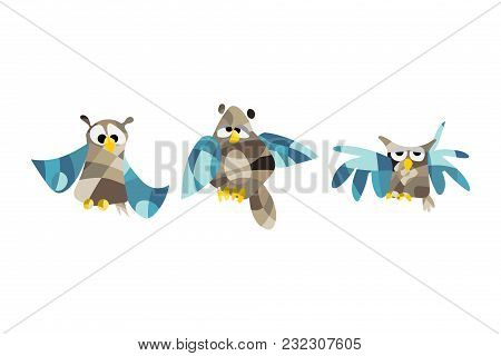 Low Polygon Night Owl Drawing. Patchwork Geometric Cartoon Set Of Colorful Owls