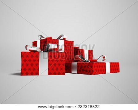 Gifts Of Four In A Red Paper Label With A Bow Gray Front From The Bottom 3d Render On A Gray Backgro
