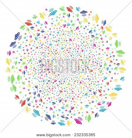 Colorful Alien Invasion Sparked Spheric Cluster. Vector Round Cluster Burst Organized With Scattered