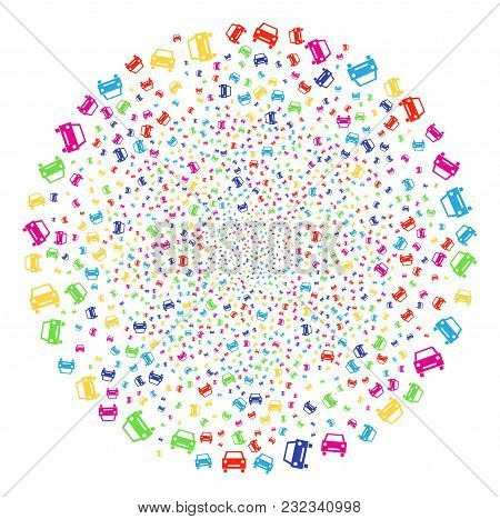 Colorful Car Festival Cluster. Vector Globula Fireworks Done With Scatter Car Objects. Psychedelic V