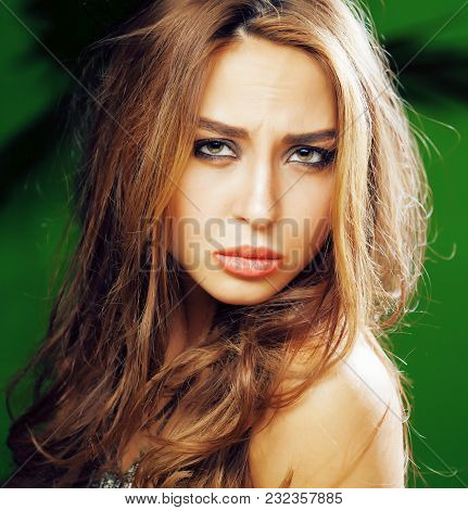 Young Cute Blonde Woman On Green Palm Background Smiling Happy, Lifestyle Peole Concept Close Up