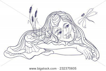 Hand Drawn Beautiful Dreamind Mermaid Child With Dragonfly. Retro Style. Isolated Vector Illustratio