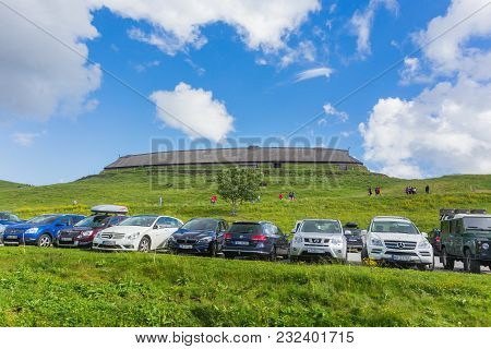 Borg, Norway - July 17, 2017. Tourists Walking To  Lofotr Viking Museum (lofotr Vikingmuseum).
