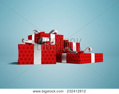 Gifts Of Four In A Red Paper Label With A Bow Gray Front From The Bottom 3d Render On A Blue Backgro