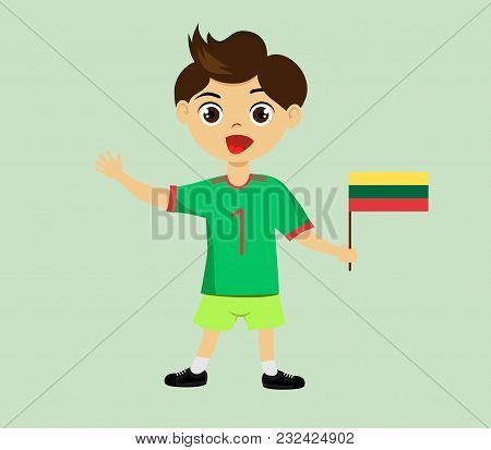 Fan Of Lithuania National Football, Hockey, Basketball Team, Sports. Boy With Lithuania Flag In The