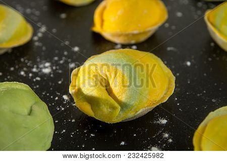 Homemade Raw Dumpling, Yellow And Green Colors, Traditional East European Food Before Boiling.