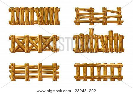 Vector Different Types Of Wooden Fence, Cartoon Set For Vector Different Types Of Wooden Fence, Cart