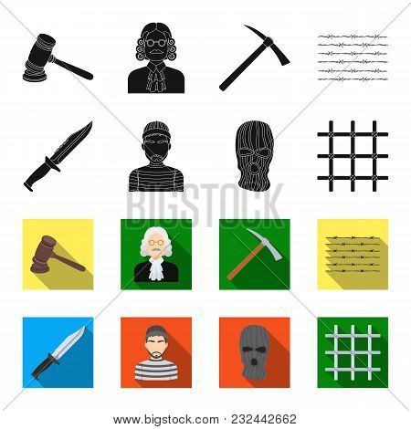 Knife, Prisoner, Mask On Face, Steel Grille. Prison Set Collection Icons In Black, Flet Style Vector