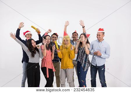 Party With Best Friends. A Group Of Very Positive Friends Have Fun In A Party. New Year Or Birhtday 