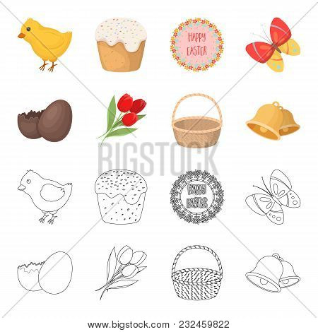 Chocolate Egg, Bells, Basket And Flowers.easter Set Collection Icons In Cartoon, Outline Style Vecto