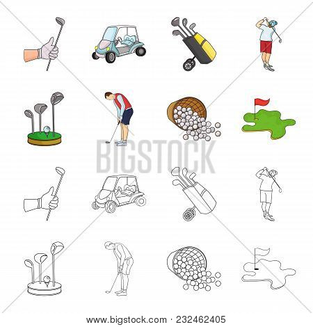 Stand For A Golf Club, Muzhchin Playing With A Club, Basket With Balls, Label With A Flag On The Gol