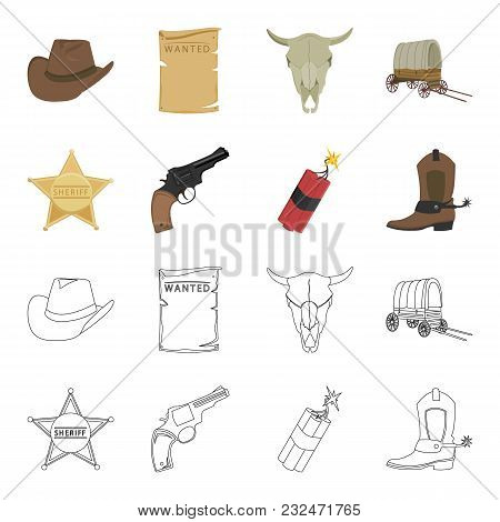 Star Sheriff, Colt, Dynamite, Cowboy Boot. Wild West Set Collection Icons In Cartoon, Outline Style 
