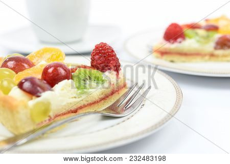 Conception Of Healthy Fruit Dessert - Fresh Homemade Multi Fruit Tart On Plates With Cup Of Coffee I
