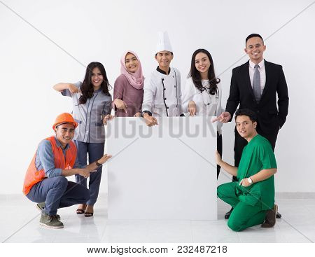 Concept With Various Professions Over A White Empty Panel With Free Space Smiling