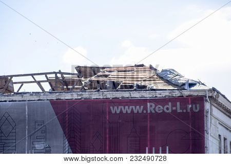 Novorossiysk, Russia - September 29, 2017: Wind-blown Roof From The Building. Destruction Of The Roo