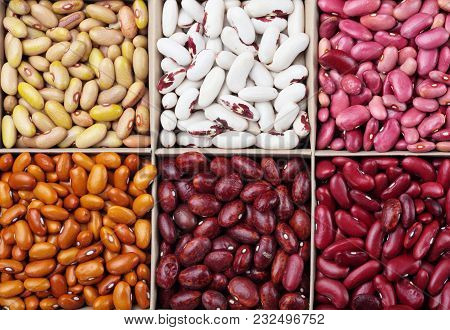 Different Types Of Legumes Beans. In Wooden Box.varieties Of Beans.top View.closeup.texture