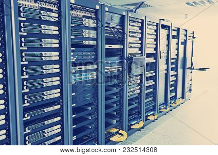 network server room with computers for digital tv ip communications and internet
