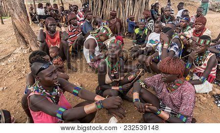 Omo Valley, Ethiopia - September 2017: Unidentified People From Hamar Tribe At Local Village Market 