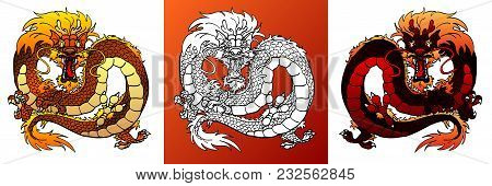 Set Furious Asian Dragons Colorful Fire Black-red And Earth Yellow-brown And Line-art Separately On 