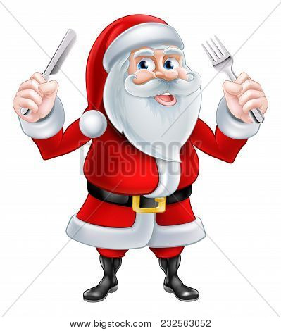 A Christmas Cartoon Illustration Of Santa Claus Holding A Knife And Fork