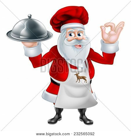 A Christmas Cartoon Illustration Of Chef Or Cook Santa Claus Holding A Silver Platter And Giving A P