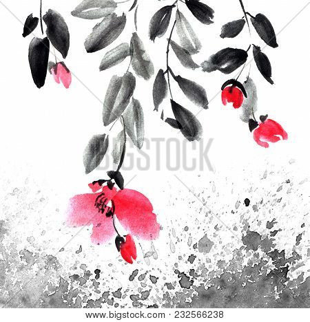 Watercolor And Ink Illustration Of Tree With Leaves And Red Flowers. Grunge Background With Waterspl