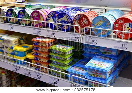 Moscow, Russia - March 18. 2018. Soft Cheeses On The Counter In Perekrestok Store