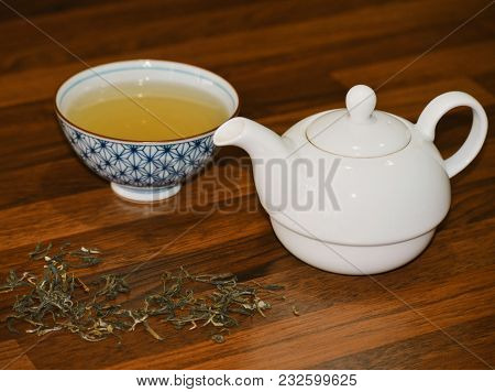 Green Tea Time On The Wooden Plates Background