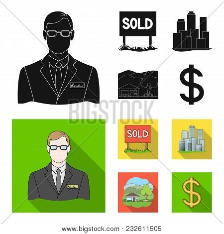 Employee Of The Agency, Sold, Metropolis, Country House. Realtor Set Collection Icons In Black, Flat