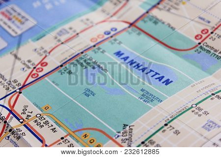New York, Ny, Usa - June 7: New York City Subway Map. Metro Map Of Nyc With Manhattan Central Park A