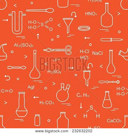 Pattern With Chemical, Biological, Scientific, Education And Research Elements: Flasks, Formulas, Be
