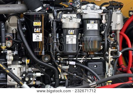 Kaunas, Lithuania - March 23: Caterpillar Heavy Duty Equipment Vehicle Engine And Logo On March 23, 