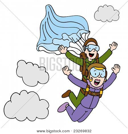 Obrázek ženy dělá tandemové sky dive.