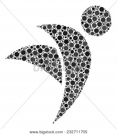 Winged Man Mosaic Of Filled Circles In Variable Sizes. Vector Filled Circles Are Organized Into Wing