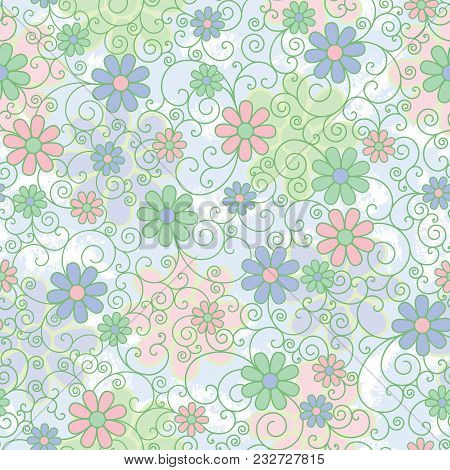 Seamless Pattern Of Stylized Flowers And Filigree In Pastel Colors.