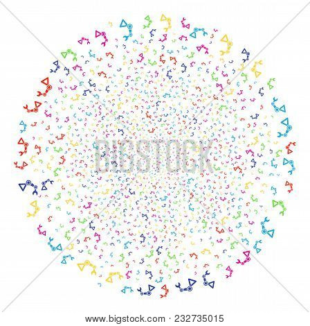 Bright Robotics Manipulator Exploding Spheric Cluster. Vector Round Cluster Bang Organized From Rand