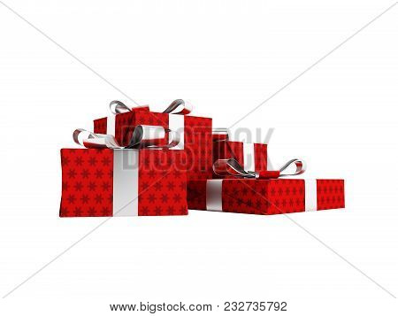 Gifts Of Four In A Red Paper Label With A Bow Gray Front From The Bottom 3d Render On A White Backgr