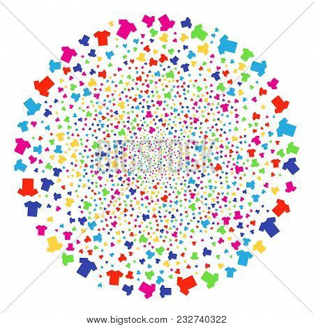 Multicolored T-shirt Bang Round Cluster. Vector Sphere Bang Designed With Scatter T-shirt Items. Mul
