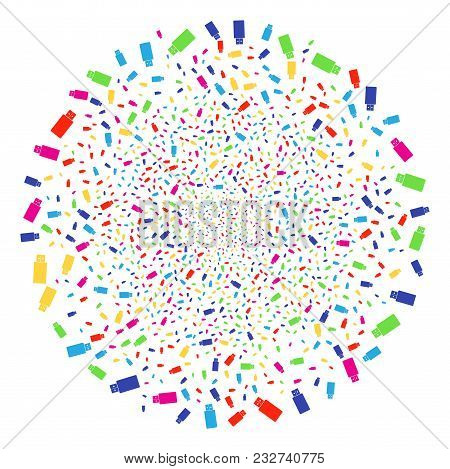 Multi Colored Usb Flash Drive Explosion Cluster. Vector Globula Salute Created With Scattered Usb Fl