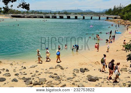 Burleigh Heads, Gold Coast, Queensland, Australia - January 13, 2018. View Of Tallebudgera Beach Wit