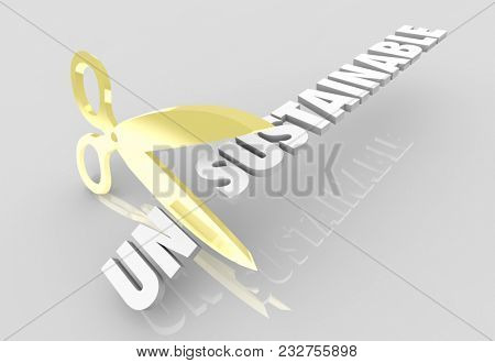Unsustainable Scissors Cutting Word Sustainability 3d Illustration