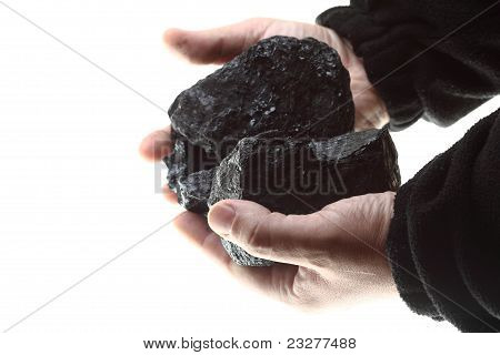 Pieces Of Coal In Hand Isolated On White Background